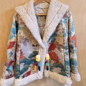 NWT Johnny Was Biya Workshop JWLA Peoney Jacquard Coat Shearling Lined Jacket S